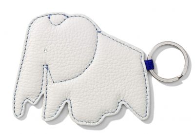Weißer Elefant Schlüsselanhänger aus Leder mit blauer Naht und silbernem Schlüsselring.